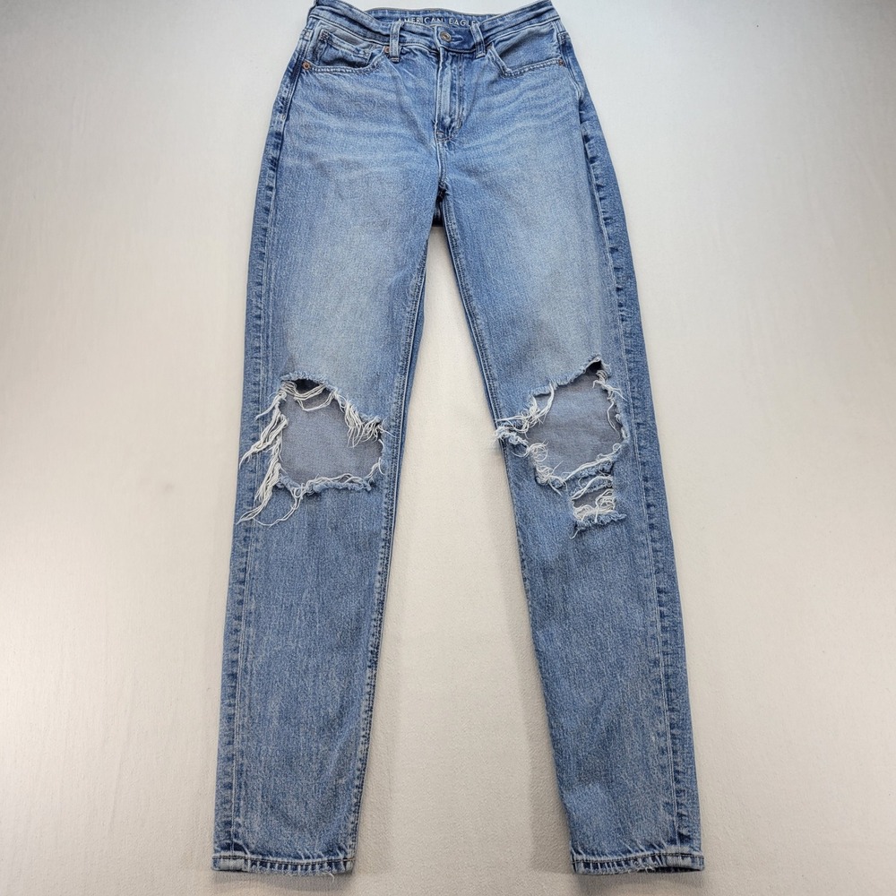 American Eagle Mom Jean Women 2 X-Long Blue Strigid High Rise Tapered Denim